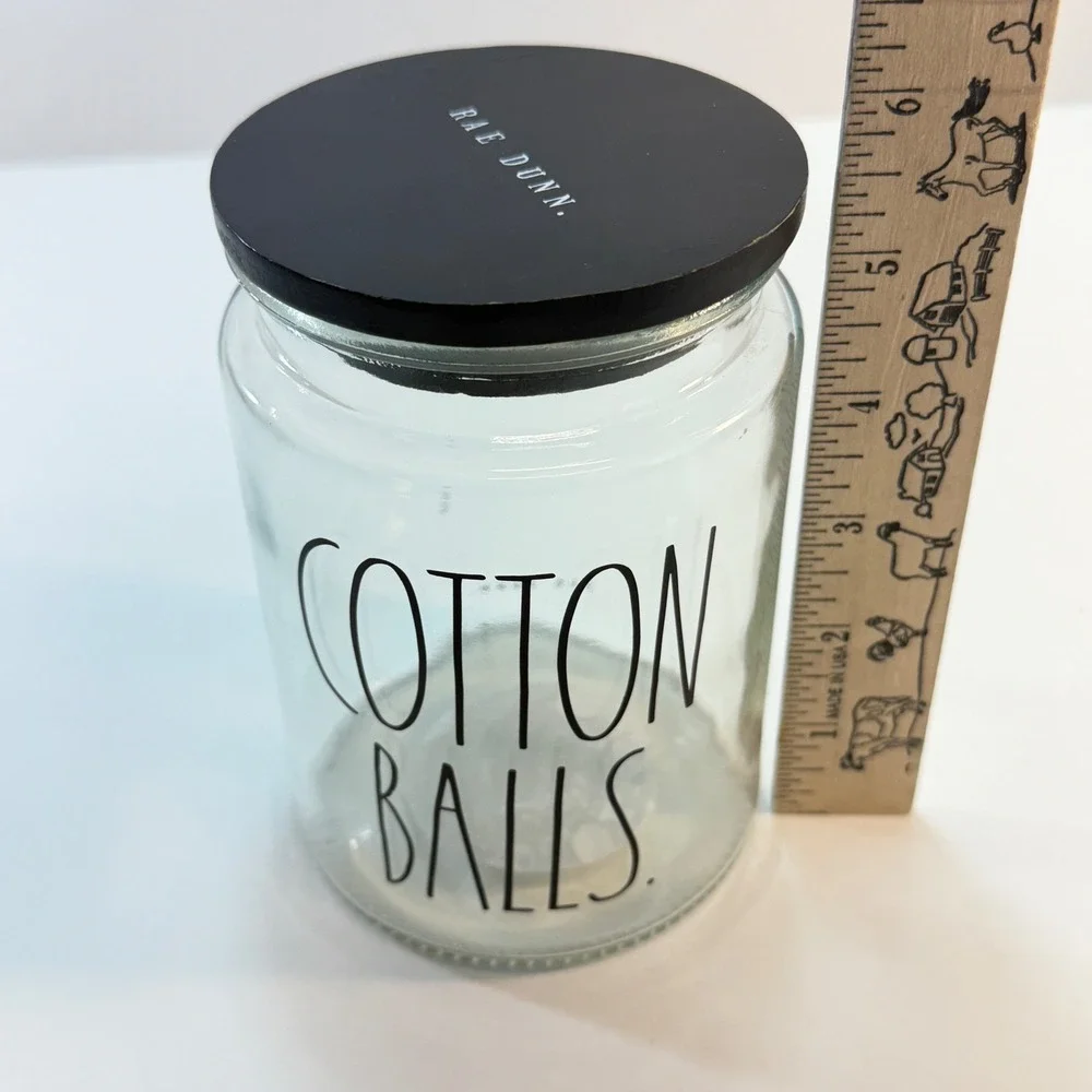 Rae Dunn‎ Cotton Balls Jar Bathroom Organizer Clear Glass Wood Lid Minimalist